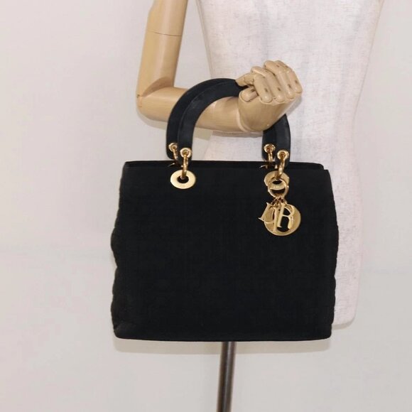 Christian Dior Lady Dior Canage Hand Bag Nylon Black Gold Auth ep10577 - Picture 1 of 16